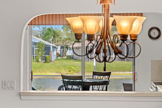 details featuring electric range and a water view