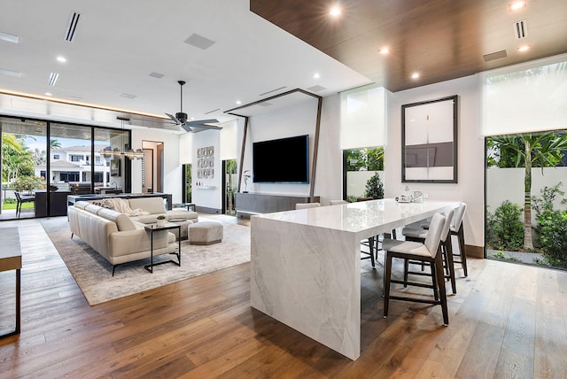 living room with a wealth of natural light, ceiling fan, and wood-type flooring