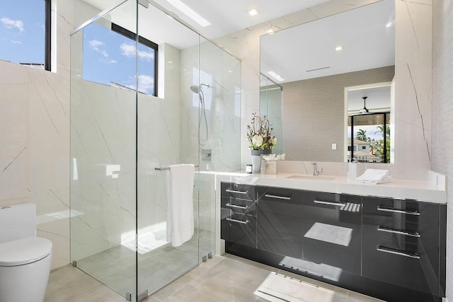 298 W Key Palm Rd, Boca Raton, FL 33432 - bathroom with toilet, a marble finish shower, vanity, and plenty of natural light