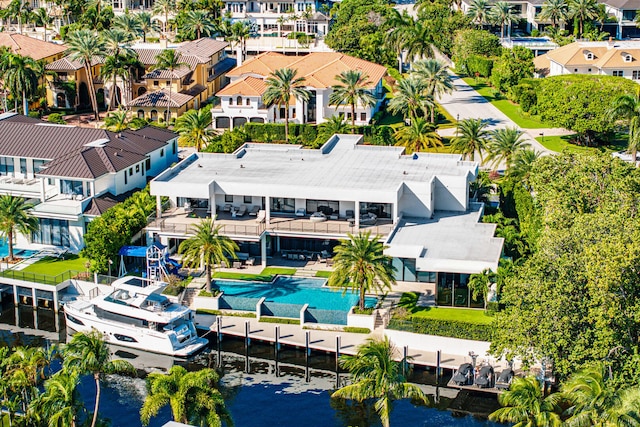 aerial view featuring a water view