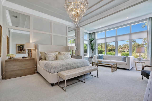 bedroom featuring a towering ceiling, light colored carpet, ornate columns, and a notable chandelier