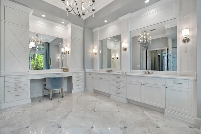 bathroom with vanity and ornamental molding