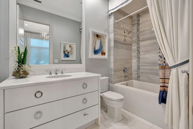 full bathroom featuring shower / bath combination with curtain, vanity, an inviting chandelier, tile patterned flooring, and toilet