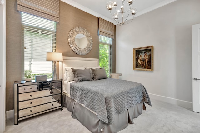 bedroom with light colored carpet, crown molding, and multiple windows