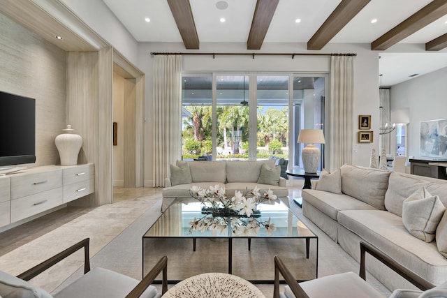 living room featuring beam ceiling