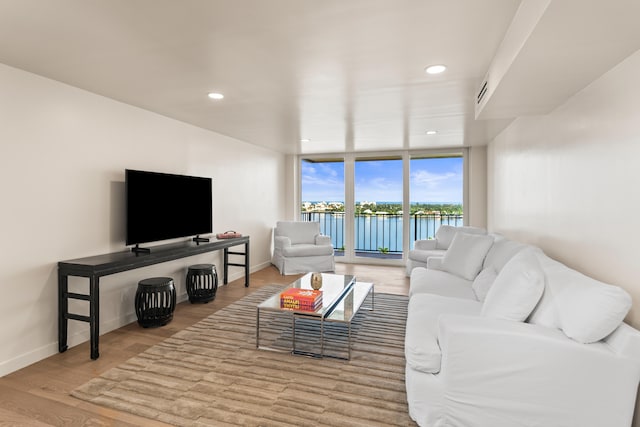 living room with floor to ceiling windows and light hardwood / wood-style flooring