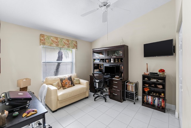 tiled office space featuring ceiling fan and vaulted ceiling