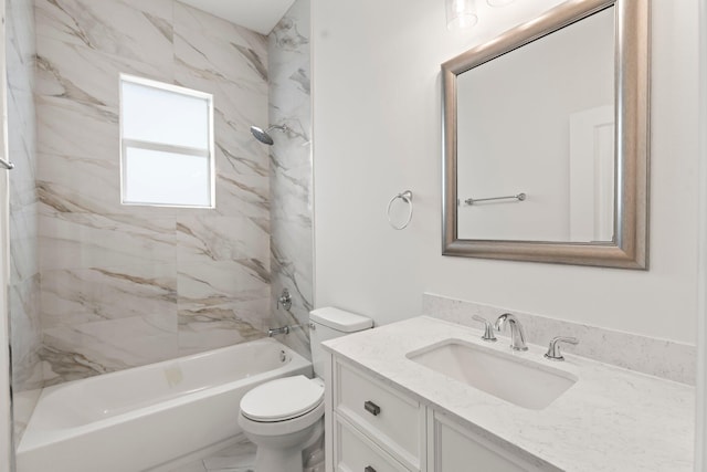 full bathroom featuring tub / shower combination, toilet, marble finish floor, and vanity