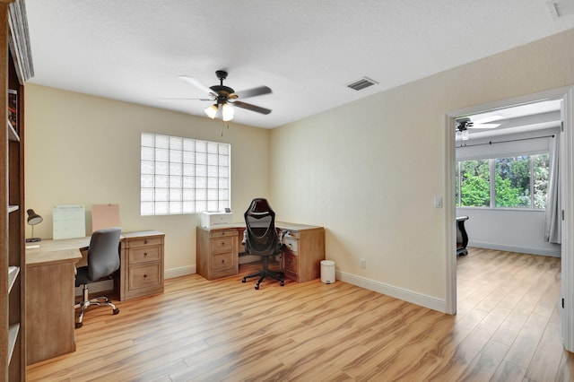 office space featuring a textured ceiling, light hardwood / wood-style floors, and ceiling fan