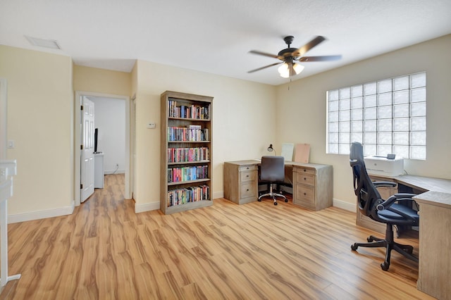 office area featuring ceiling fan and light hardwood / wood-style floors