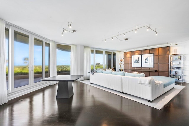 living room featuring dark hardwood / wood-style flooring, floor to ceiling windows, and a healthy amount of sunlight