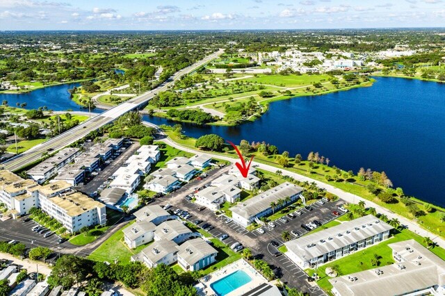 bird's eye view with a water view