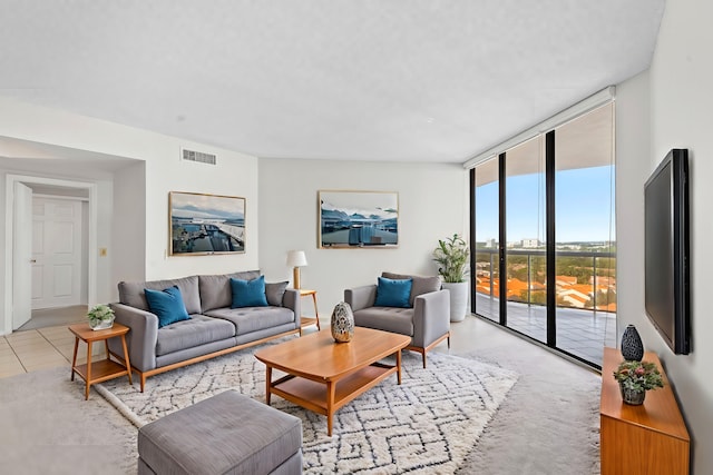 living room featuring a wall of windows