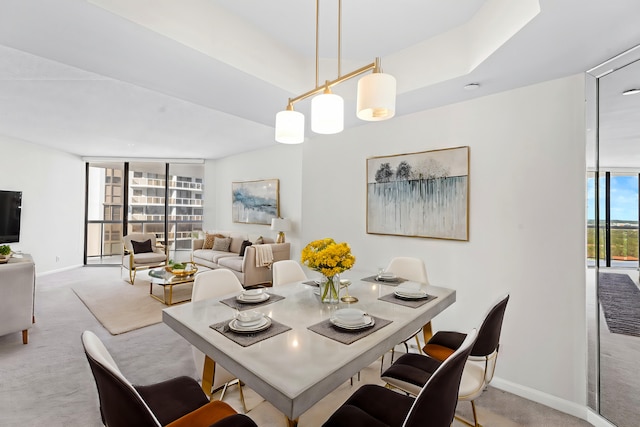 carpeted dining space with floor to ceiling windows