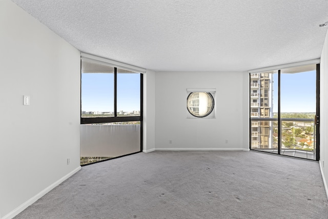 carpeted empty room featuring a textured ceiling, floor to ceiling windows, and a healthy amount of sunlight