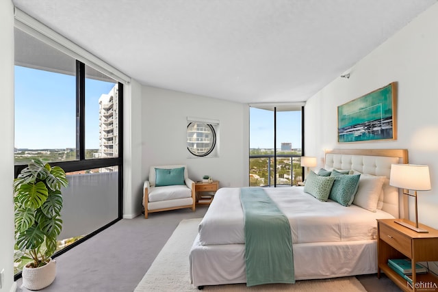 carpeted bedroom featuring expansive windows