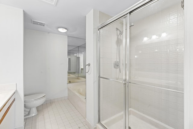 full bathroom with tile patterned floors, vanity, and independent shower and bath