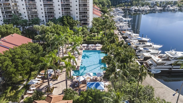 birds eye view of property featuring a water view