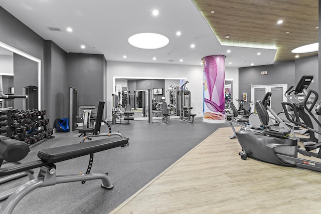 gym with hardwood / wood-style floors