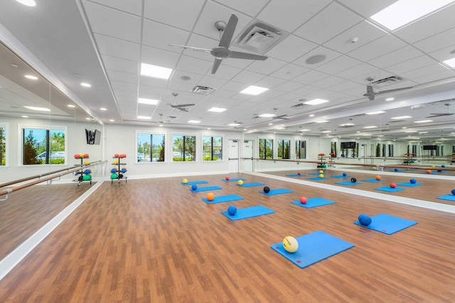 workout area with a drop ceiling, wood-type flooring, and a wealth of natural light