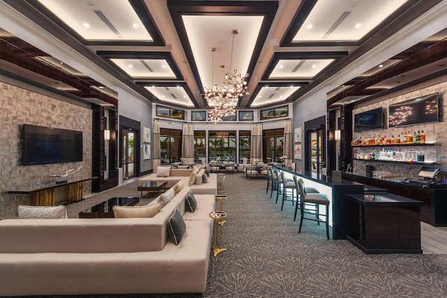 bar featuring beam ceiling, carpet flooring, a towering ceiling, and coffered ceiling