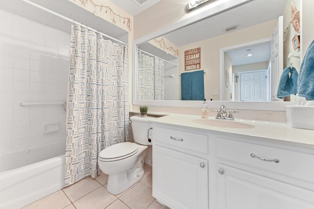 full bathroom with tile patterned flooring, shower / tub combo, vanity, and toilet