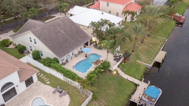 aerial view featuring a water view