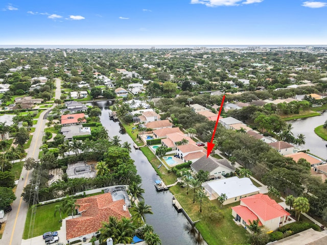 drone / aerial view featuring a water view