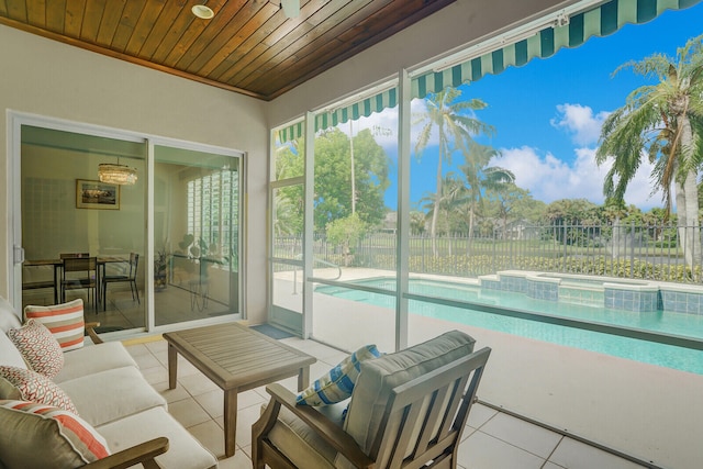 sunroom with wood ceiling