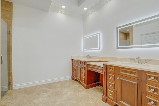 bathroom with vanity, a shower with shower door, and ornamental molding