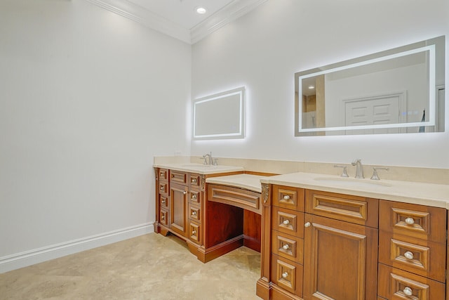 bathroom with crown molding and vanity