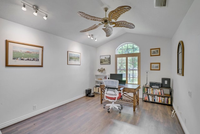 office area with hardwood / wood-style flooring, ceiling fan, and lofted ceiling