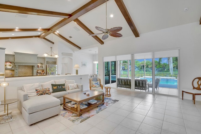 living room featuring light tile patterned floors, high vaulted ceiling, ceiling fan, and beam ceiling