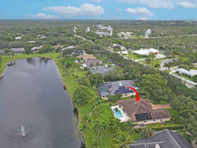 drone / aerial view featuring a water view