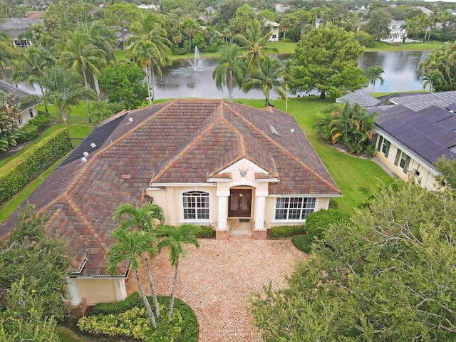 drone / aerial view featuring a water view