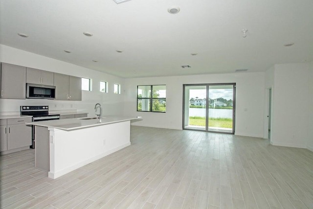 kitchen with gray cabinetry, light wood-type flooring, appliances with stainless steel finishes, sink, and a kitchen island with sink