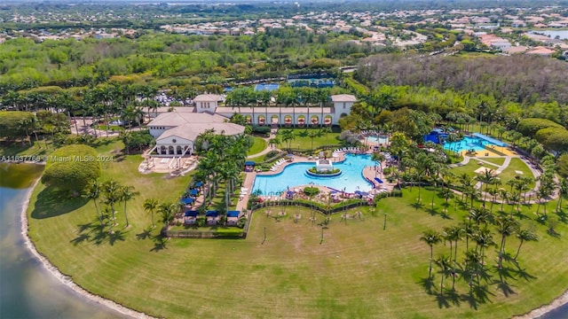 drone / aerial view featuring a water view