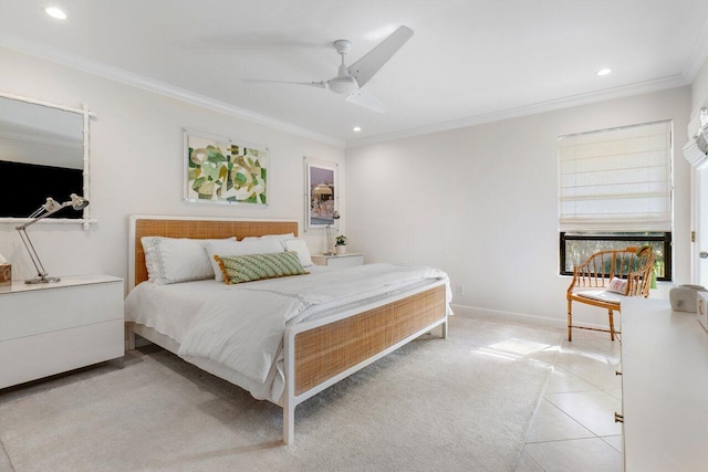 tiled bedroom with crown molding and ceiling fan