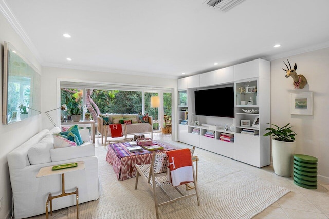 living room featuring light tile patterned flooring and ornamental molding