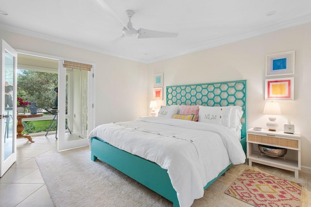 bedroom featuring french doors, ornamental molding, and access to outside