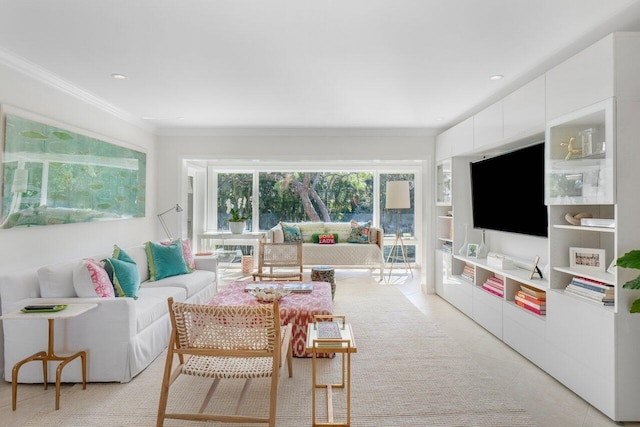 tiled living room featuring ornamental molding