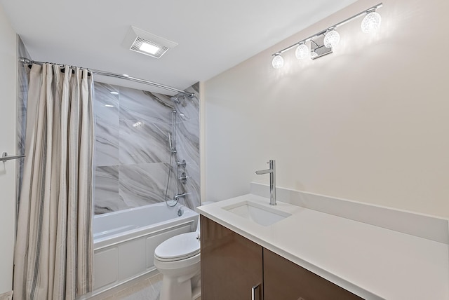 full bathroom with vanity, toilet, shower / bathtub combination with curtain, and tile patterned floors