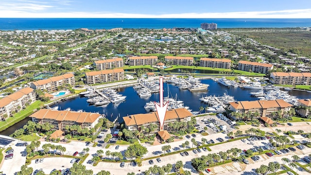 bird's eye view with a water view