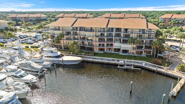 exterior space with a water view