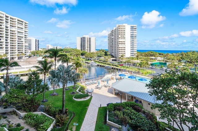 drone / aerial view with a water view