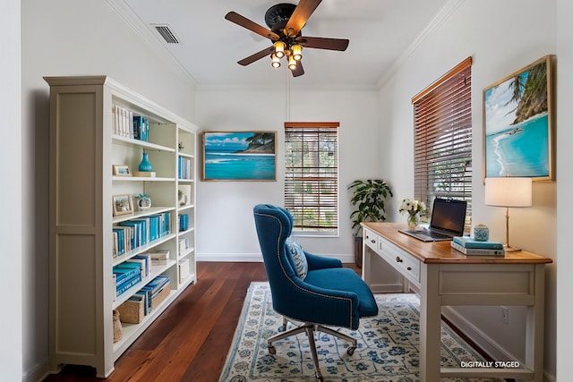 home office featuring ceiling fan, dark wood-type flooring, and crown molding