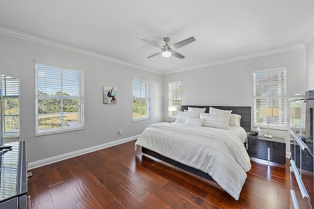 bedroom featuring ceiling fan, crown molding, and dark hardwood / wood-style flooring