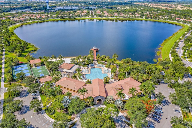 drone / aerial view featuring a water view