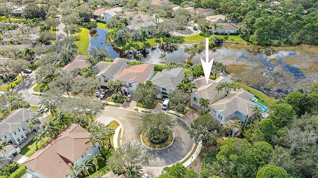 aerial view featuring a water view