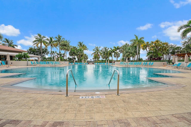 view of swimming pool featuring a patio area